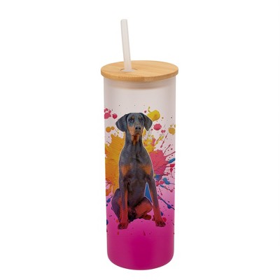 100 North 25 Ounce Frosted Glass Gradient Travel Tumbler With Straw & Wooden Lid, Doberman Pinscher Dog Pink
