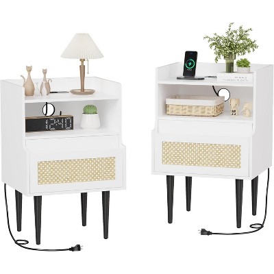 Homhougo Nightstand Set of 2, Rattan End Table with Charging Station, 2 Open Shelves Beside Table with Drawer and Solid Legs, White