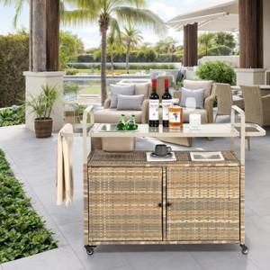Outdoor Bar Table With One Ice Bucket, Lockable Wheels, Side Basket For Garden, Wicker Bar Cart With Cabinet, Bar Cart Outdoor-Cuddlewood - 1 of 4