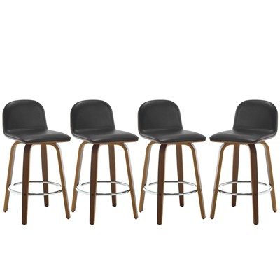 Bekrvio 26" Swivel Counter Height Bar Stools Set of 4 – Mid-Century Modern Upholstered PU Leather & Walnut Bentwood Legs, for Kitchen Island (Black)