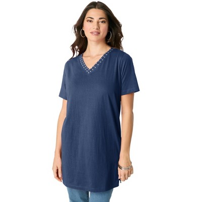 Roaman's Women's Plus Size Rhinestone V-Neck Ultimate Tunic