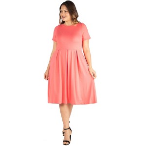24seven Comfort Apparel Short Sleeve Plus Size  Midi Skater Dress With Pockets - 1 of 4
