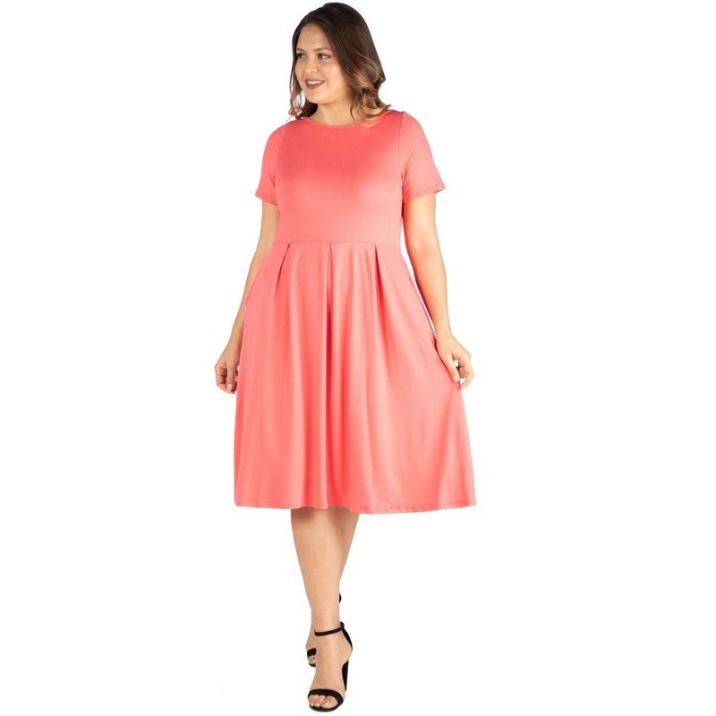 24seven Comfort Apparel Short Sleeve Plus Size  Midi Skater Dress With Pockets, 1 of 5