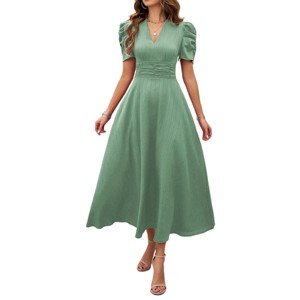 BLUEMING Womens Casual Maxi Dresses Puff Sleeve V Neck Flowy Vacation High Waist Boho Pleated Dresses - 1 of 4