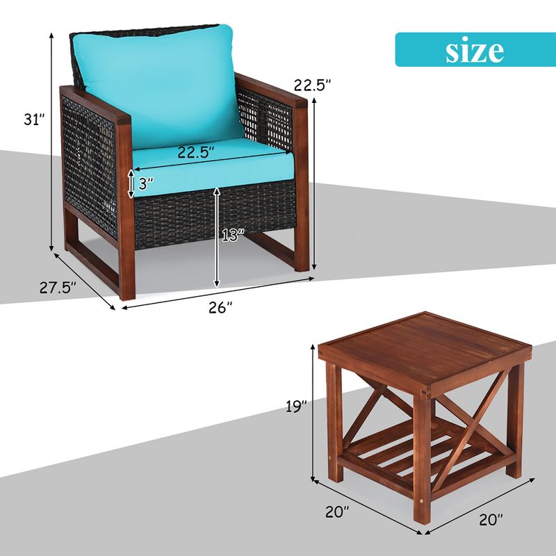 Costway 3PCS Patio Wicker Furniture Set Solid Wood Frame Cushion Sofa w/ Square Table Shelf, 4 of 11