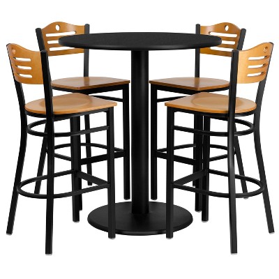Flash Furniture 36'' Round Black Laminate Table Set with 4 Wood Slat Back Metal Barstools - Natural Wood Seat
