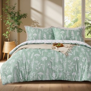 Joyfy King Size Comforter Set Sage Green, 3 Pieces Floral King Bedding Set with 1 Soft Reversible Botanical Comforter and 2 Pillow Shams, Bed in a Bag - 1 of 4
