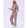 INSPIRE CHIC Womens Lounge Casual Ribbed Knit Short Sleeve Drawstring Pants Pajama Set with Pockets - 2 of 4