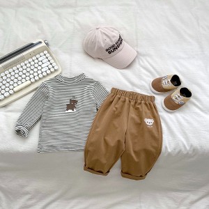 MyKids-Usa Arrival Autumn Baby Boys Long Sleeves Striped Teddy Top Shirt and Versatile Pants – Matching Set - 1 of 4