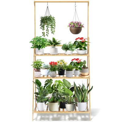 SUGIFT 3-Tier Bamboo Plant Shelf with Adjustable Hanging Rod – Multi-Functional Wooden Stand for Plants, Books, and Décor