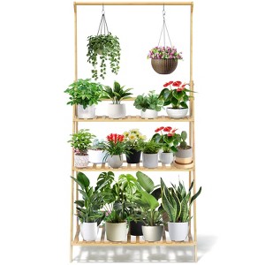 SUGIFT 3-Tier Bamboo Plant Shelf with Adjustable Hanging Rod – Multi-Functional Wooden Stand for Plants, Books, and Décor - 1 of 4