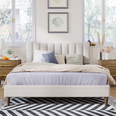 King Upholstered Linen Platform Bed Frame With Curved Tufted Headboard  Beige-modernluxe : Target