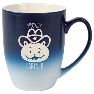 100 North Cowboy Hat Kitten 10 Ounce Navy Blue and White Two Toned Ombre, Comfortably Fits Your Hands, Ceramic Tea Coffee Cup Mug, Meowdy Partner