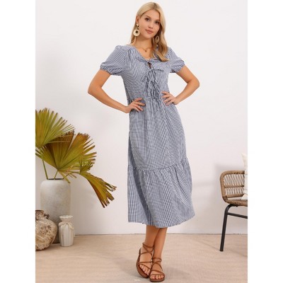 Женские платья INSPIRE CHIC Women's Gingham Summer Casual V Neck Short Sleeve Tie Bow Decor Midi Dresses Small Black Blue — фото 4
