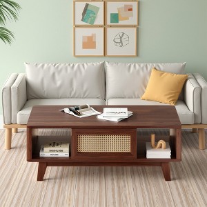 MAYEERTY 44-Inch Dark Walnut Modern Square Wooden Coffee Table - With Rattan Drawer for Living Room - 1 of 4