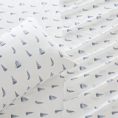 King White Coastal Sailboat Print Microfiber Sheet Set