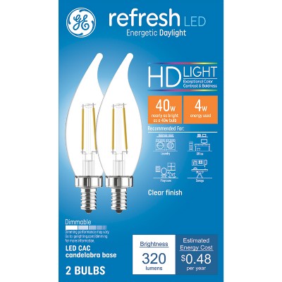 GE 2pk 40W Clear Refresh LED Decorative Light Bulbs Daylight: E12 Candelabra Base, 5000K, Dimmable, Energy Star Certified
