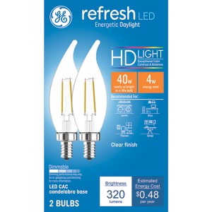 GE 2pk 40W Clear Refresh LED Decorative Light Bulbs Daylight: E12 Candelabra Base, 5000K, Dimmable, Energy Star Certified - 1 of 3