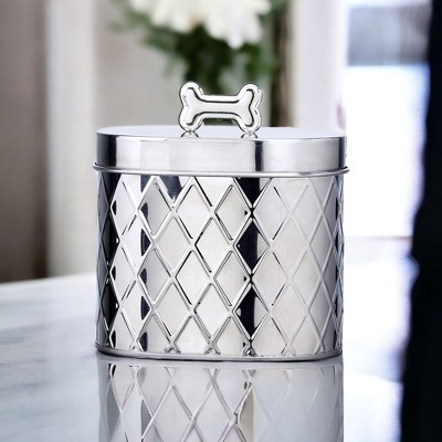 Silver Stainless Steel Diamond Texture Pet Treat Canister