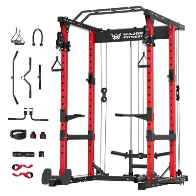 Major Fitness Drone 1 Power Cage, Multi-Function Home Gym Strength Training Rack with Pull-Up Bar, Cable Crossover System, and J-Hooks, Red