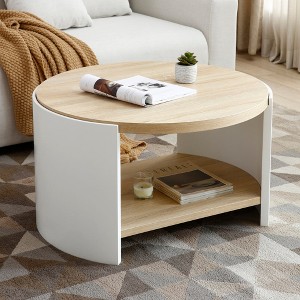 Chic Crate - Luxurious 31" Round Coffee Table with Rustic Wood Design and Storage Shelf - Natural Color and White Accent for Home Furniture - 1 of 4