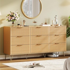 63" Wide Fluted Dresser - 9-Drawer Modern Wooden Chest with Metal Handle, Clothes Storage Organizer for Bedroom/Living Room/Hallway (Natural) - 1 of 4
