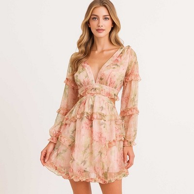 Women's Floral Chiffon V-Neck Ruffle Mini Dress – Romantic Long Sleeve Dress for Spring by Cherie Code