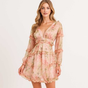 Women's Floral Chiffon V-Neck Ruffle Mini Dress – Romantic Long Sleeve Dress for Spring by Cherie Code - 1 of 4