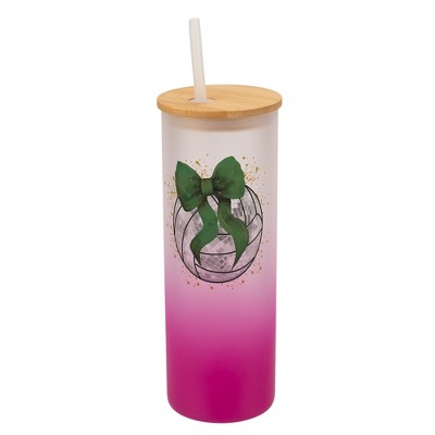 Elanze Designs 25 Ounce Frosted Glass Gradient Travel Tumbler With Straw and Wooden Lid, Volleyball With Green Bow Pink