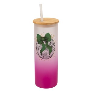 Elanze Designs 25 Ounce Frosted Glass Gradient Travel Tumbler With Straw and Wooden Lid, Volleyball With Green Bow Pink - 1 of 1