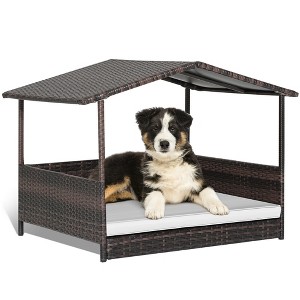 Tangkula Wicker Dog House w/ Cushion Lounge Raised Rattan Bed for Indoor/Outdoor - 1 of 4