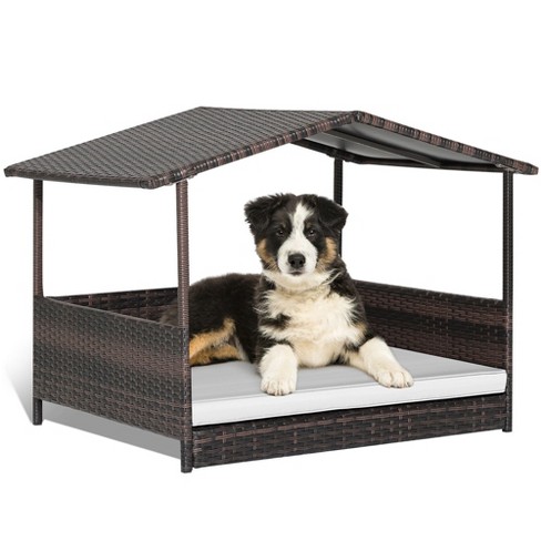 PawHut Wicker Dog House Elevated Raised Rattan Bed for Indoor