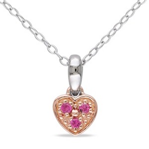 EVERLY JEWELRY | Two-Tone Sterling Silver Created Pink Sapphire Trillium Heart Child's Pendant with Chain - 18 inch - 1 of 4