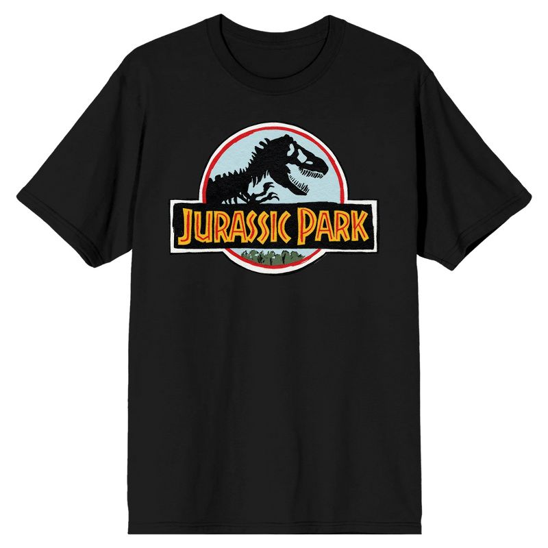 Jurassic Park Blue & Pink Logo Crew Neck Short Sleeve Black Men's T-shirt, 1 of 4