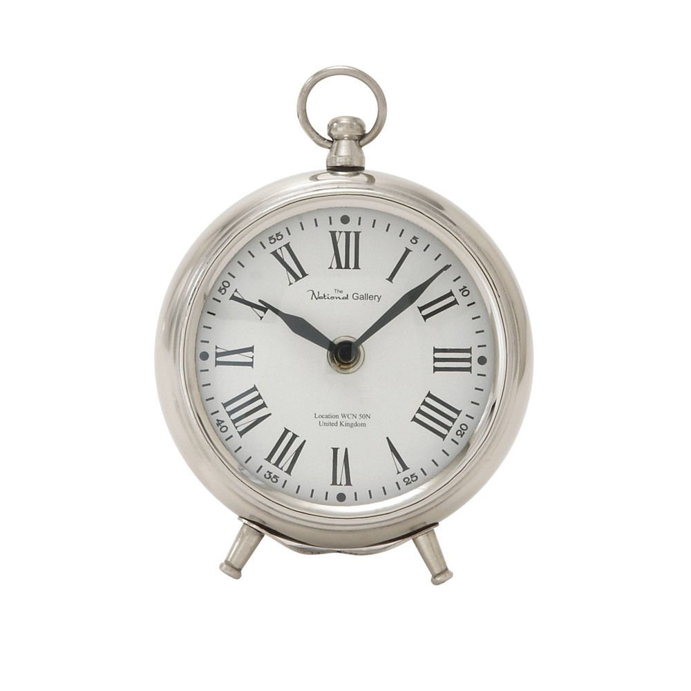 Olivia & May 6"x5" Stainless Steel Clock with Ring Top Silver : Silent Mechanism, Roman Numerals, Indoor Decor