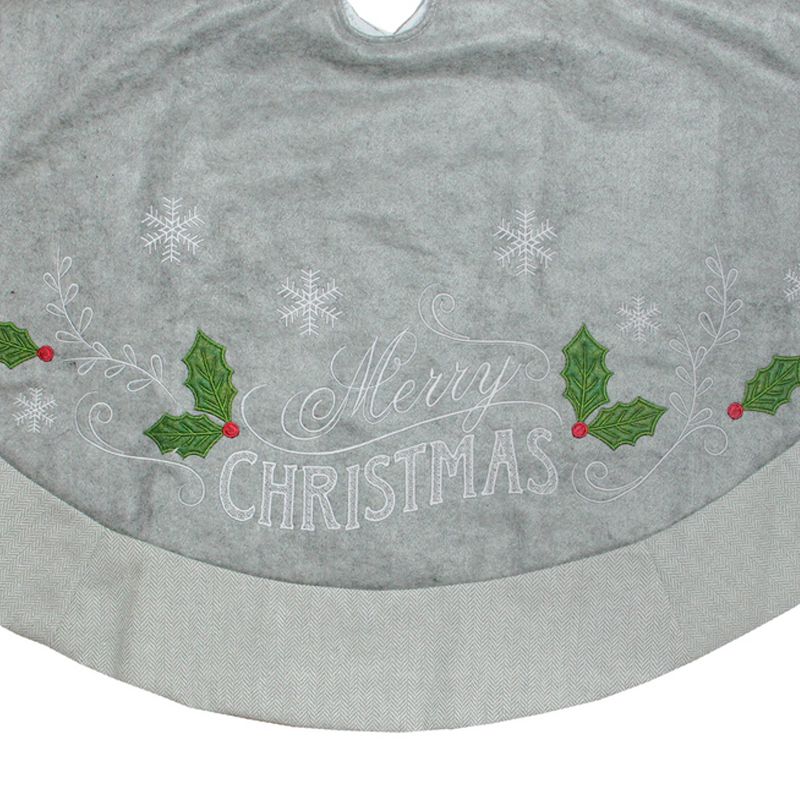 Northlight 48" Gray and Green 'Merry CHRISTMAS' Mottled Tree Skirt with Herringbone Bordered Trim, 2 of 4