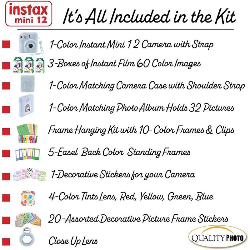 Fujifilm Instax Mini 12 Instant Camera with Case 60 Fuji Films Decoration Stickers Frames Photo Album and More Accessory kit, 3 of 8
