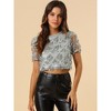 Allegra K Women's Christmas Sequin Shiny Glitter Crop Sheer Short Sleeves Tassel T-Shirt - 3 of 4