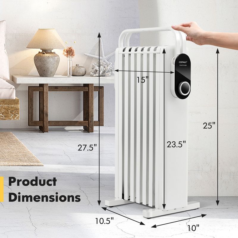 Costway 1500W Electric Space Heater Oil Filled Radiator Heater W/ Foldable Rack White\Black, 3 of 11