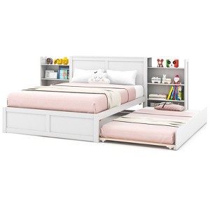 Tangkula Full/Twin Wooden Platform Bed with Trundle Storage Headboard Pull Out Shelves White - 1 of 4