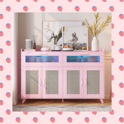 Garvee Sideboard Buffet Cabinet with Power Outlet & LED Light -with 2 Fluted Acrylic Drawers & 4 Rattan Doors