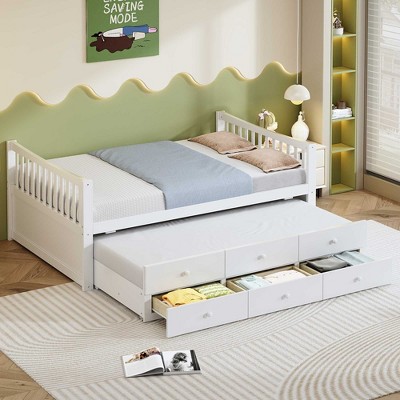 Sapphtopaz Wooden Daybed Bed Frame with Trundle Bed and 3 Drawers Modern Save-Space Sofa Bed with Slats Support for Bedroom,Apartment