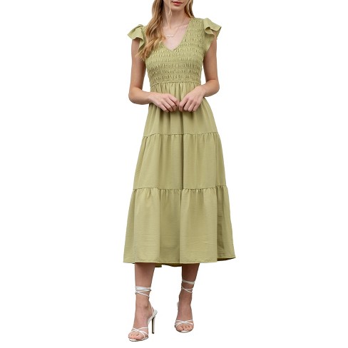 August Sky Women's V-neck Smocked Tiered Midi Dress - Kiwi, Large : Target