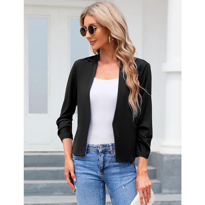 Whizmax Women's 3/4 Sleeve Blazer Casual Open Front Cardigan Shrugs Ruched Sleeve Office Cropped Blazer Jacket, 2 of 8