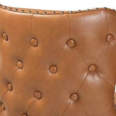 Walnut Wood and Tan Leather Swivel Barstool with Copper Accents