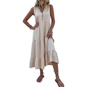 Coolmee Women's Casual Dress Sleeveless V Neck Button Beach Sundress Tiered Ruffle Flows Midi Dresses - 1 of 4