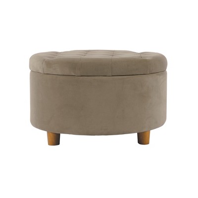 Fawn Velvet Tufted Round Storage Ottoman with Honey Oak Legs