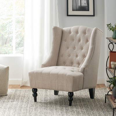 Okak Elegant Accent Chair Button-Tufted Living Room Chair with Upholstered Cushion Club Chair with Wood Legs High Back for Reading Room Bedroom, Beige