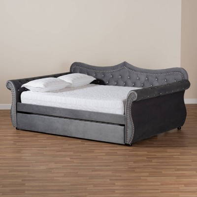 Gray Velvet Upholstered Full Daybed with Tufted Trundle