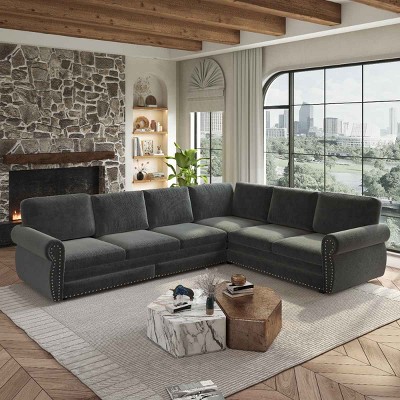 L-Shaped Sofa with Pull-Out Bed, Convertible Sleeper Couch with Nailhead Trim and Rolled Arms, Chenille Sofa with Iron Frame-Coolbibila